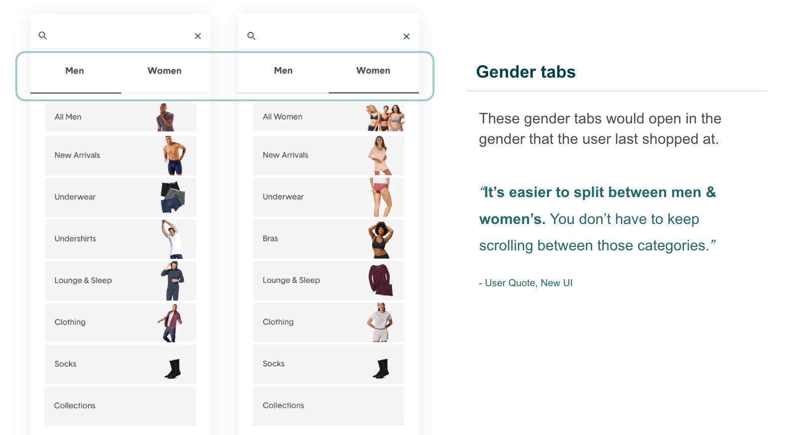 Gender tab navigation design